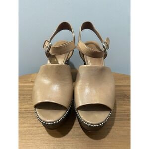 Coach Harla Platform Leather Wedges Bead Trim Sandals‎ Tan Size 7 Ankle Strap